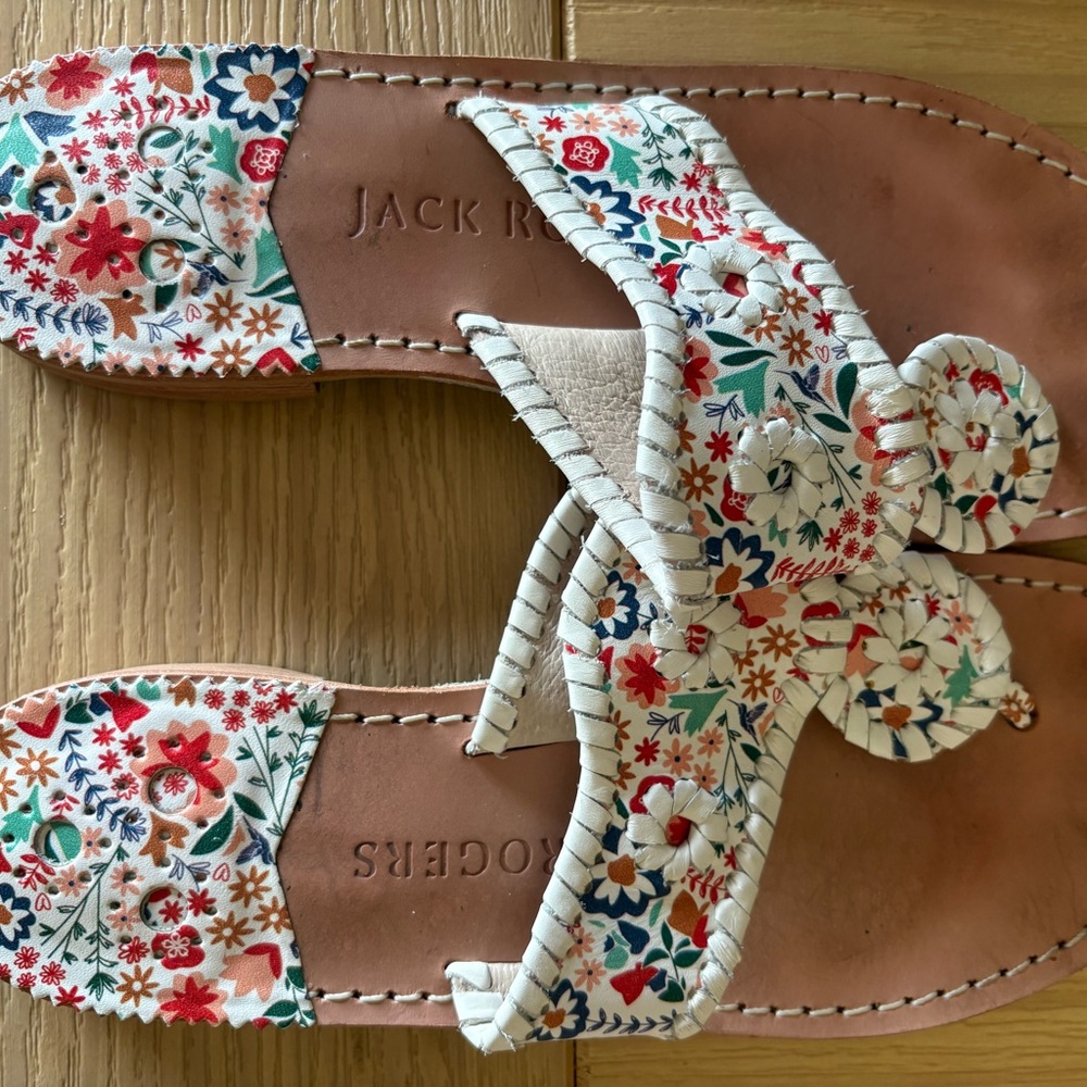 Jack Rogers White Floral Cutout Sandals with Multicolor Print
